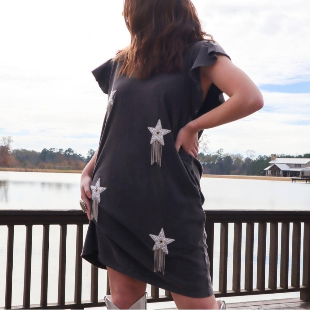 Seed Bead Fringe Star Steele Acid Wash Flutter Sleeve Cotton Dress Plus Size